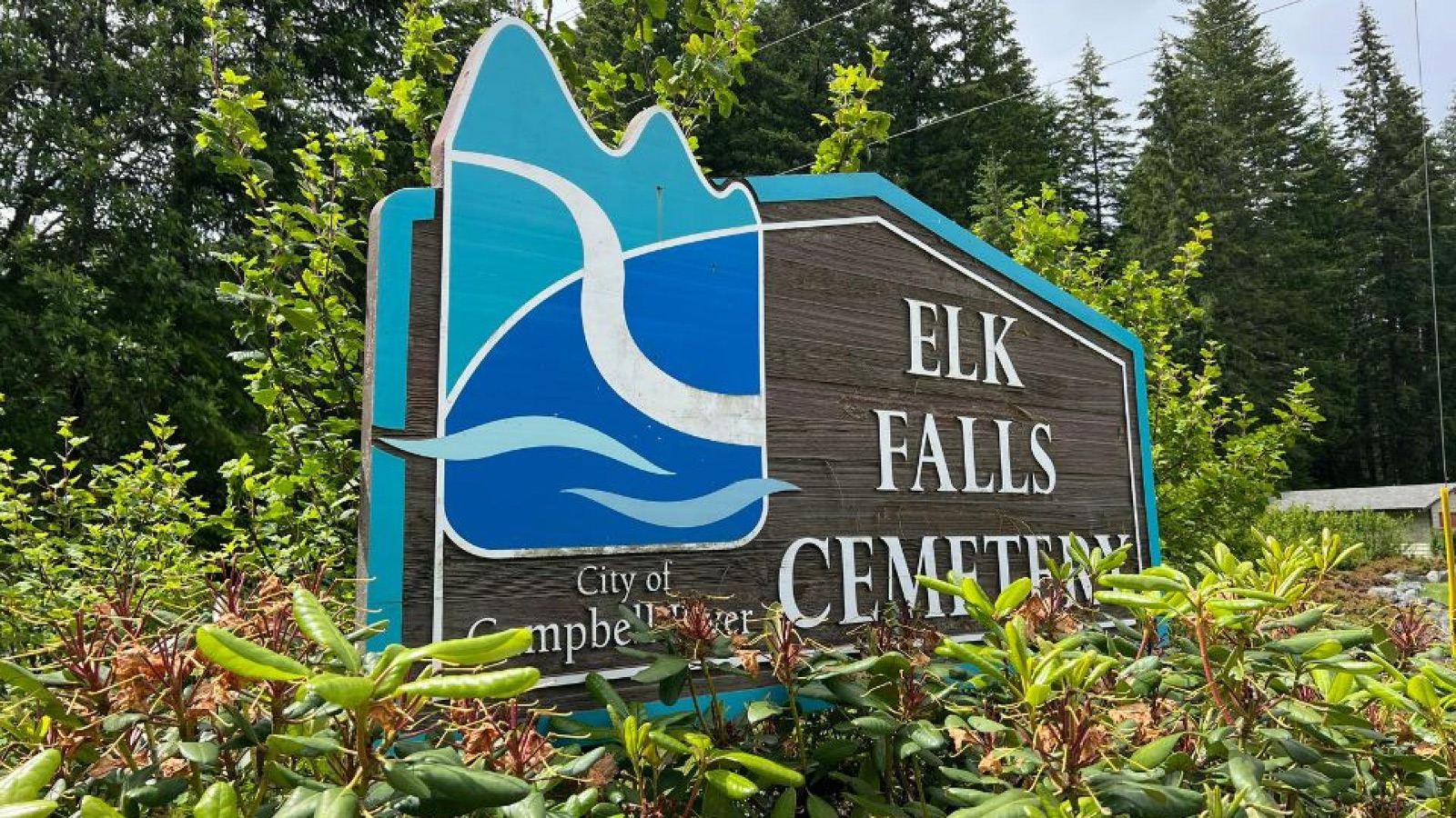 The Elk Falls Cemetery entrance sign &mdash; a carved wood sign reading &lsquo;City of Campbell River, Elk Falls Cemetery&rsquo; with the City logo, set among rhododendrons and evergreen forest.