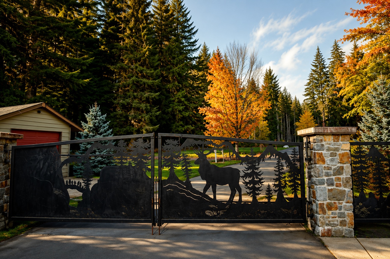 A decorative iron gate with a cut-out silhouette of an elk among forest and mountains, set between stone pillars, with evergreen and autumn trees behind.