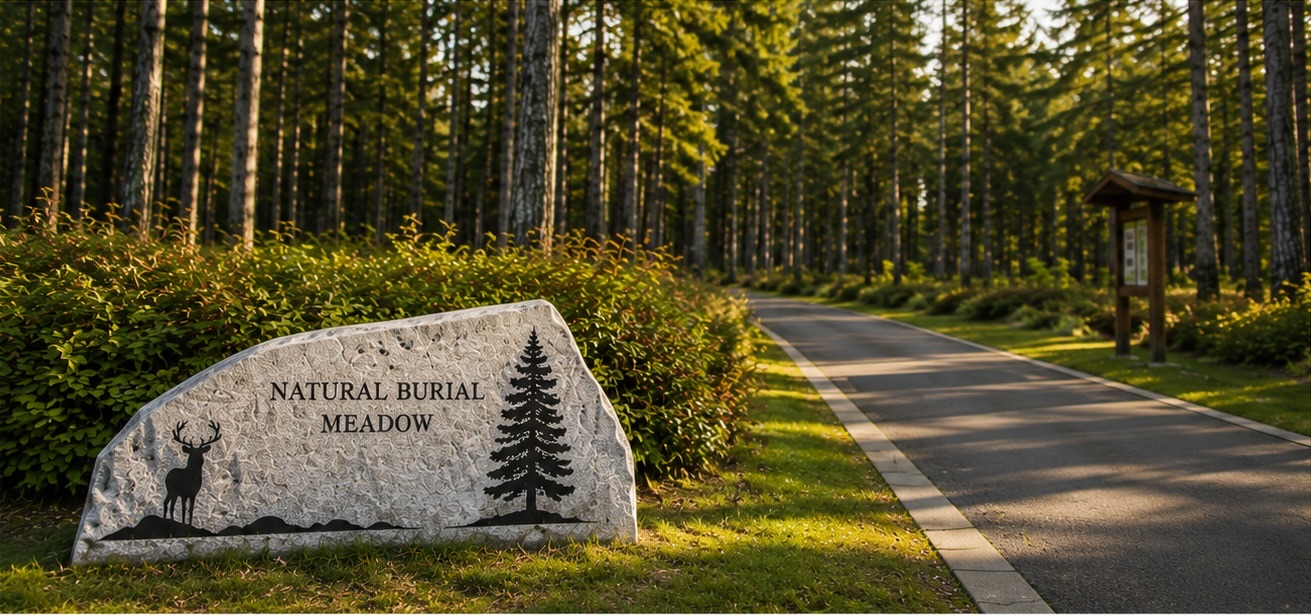 A carved stone marker reading &lsquo;Natural Burial Meadow&rsquo; beside a path winding through a sunlit evergreen forest, with an information kiosk in the distance.